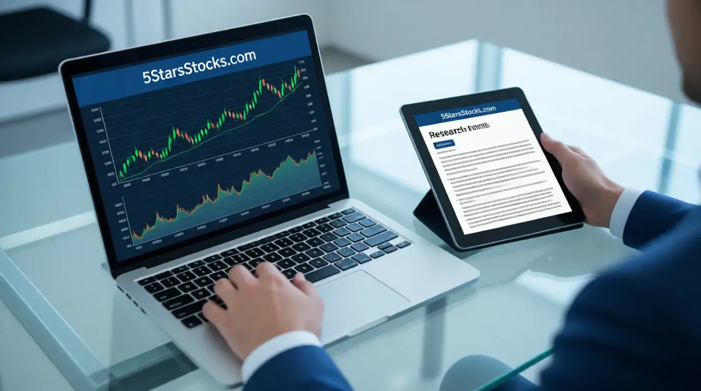 A professional investor reviewing 5StarsStocks.com research reports on a digital tablet and laptop.