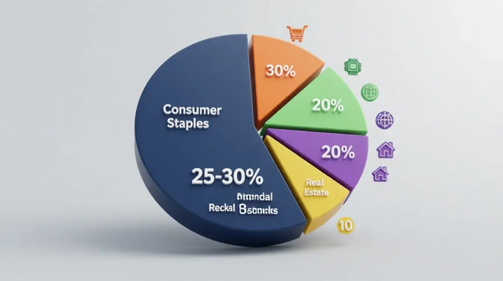 Diversified investment portfolio pie chart showing staples allocation with other stock sectors