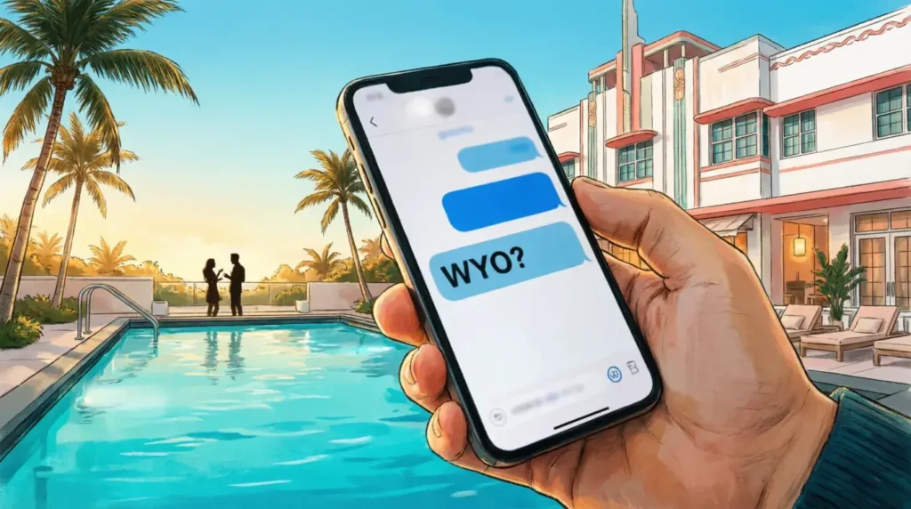 Couple meeting at luxury hotel pool South Beach illustration