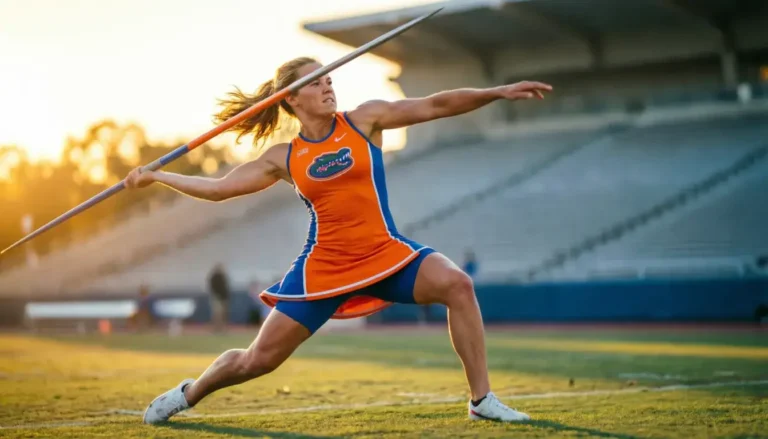 Create a professional sports-themed header image featuring a female javelin athlete in action. Visual style: realistic digital illustration with clean, modern aesthetic. Main subject: athletic woman in University of Florida Gators colors (orange and blue) mid-javelin throw, dynamic pose showing power and grace. Background: stadium setting with soft blur, golden hour lighting. Foreground: sharp focus on athlete. Include subtle motion blur on javelin. Color scheme: warm oranges, royal blues, white accents. Mood: inspirational and powerful. Composition: horizontal landscape format, rule of thirds, subject positioned left side. Lighting: dramatic side lighting highlighting athletic form. Professional sports photography style with slight artistic enhancement. she wear fulldress please