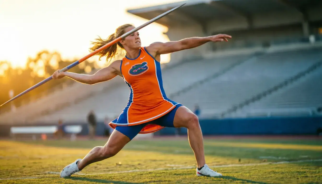 Create a professional sports-themed header image featuring a female javelin athlete in action. Visual style: realistic digital illustration with clean, modern aesthetic. Main subject: athletic woman in University of Florida Gators colors (orange and blue) mid-javelin throw, dynamic pose showing power and grace. Background: stadium setting with soft blur, golden hour lighting. Foreground: sharp focus on athlete. Include subtle motion blur on javelin. Color scheme: warm oranges, royal blues, white accents. Mood: inspirational and powerful. Composition: horizontal landscape format, rule of thirds, subject positioned left side. Lighting: dramatic side lighting highlighting athletic form. Professional sports photography style with slight artistic enhancement. she wear fulldress please