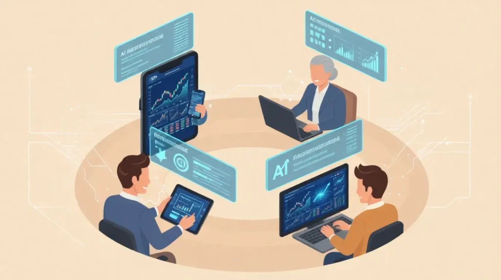 Diverse investors using AI-powered platform for personalized stock recommendations and portfolio management