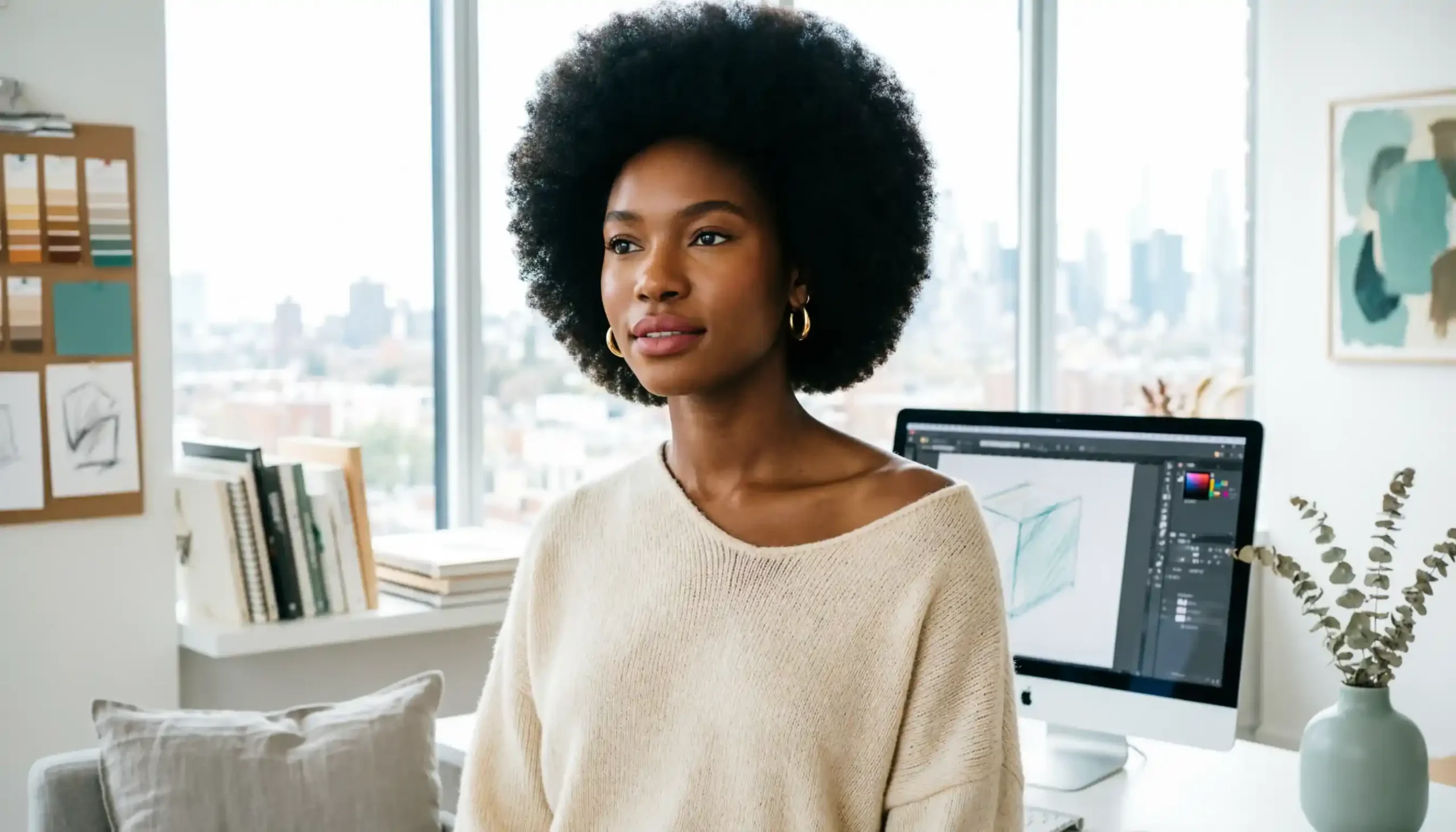 Eva Marcille twin sister standing confidently in graphic design studio, creative workspace background