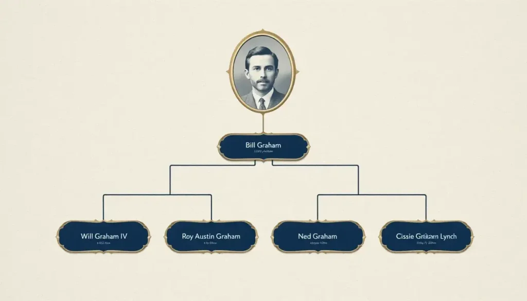 Graham family tree infographic showing Roy Austin Graham, Will Graham IV, Ned Graham, and Cissie Graham Lynch as siblings (