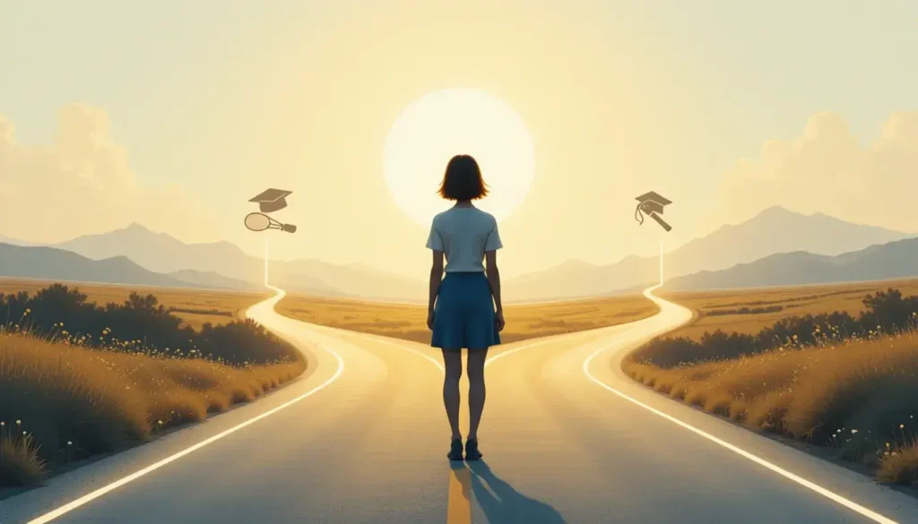 Illustration of a young woman at a crossroads representing Merri Kelly Hannity's future career possibilities in tennis or media