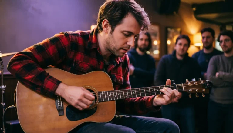 Jet Elfman indie musician performing folk music with acoustic guitar on stage