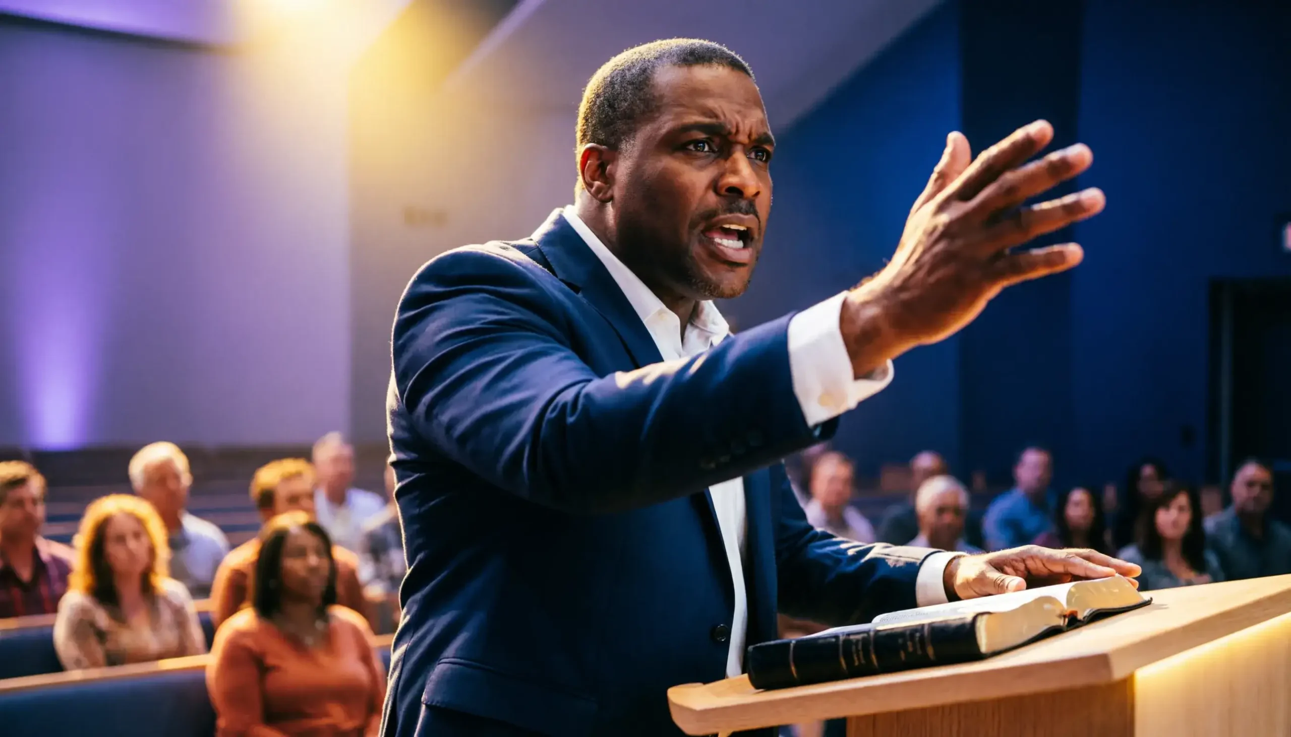 Lorenzo Sewell pastor speaking at podium with American flag background, addressing crowd about faith and leadership (124 chars)