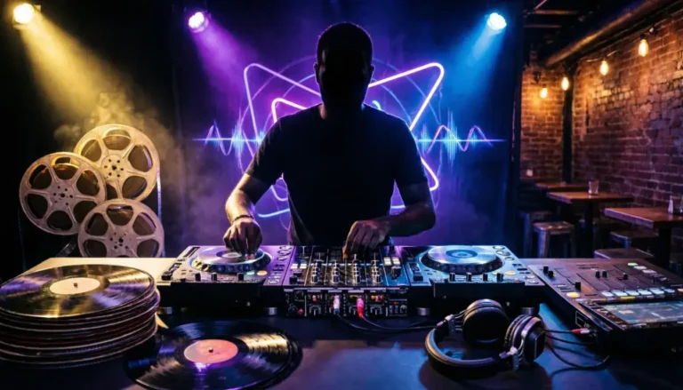 Maximiliano Camacho Jones DJ performing electronic music with privacy concept overlay