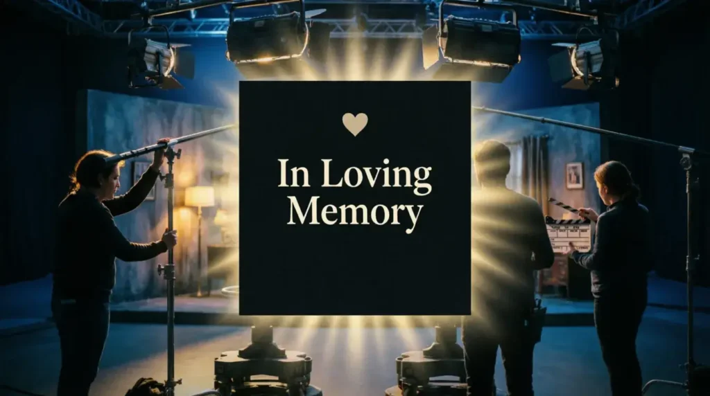 Memorial tribute card design with text in loving memory on dark background with heart symbol