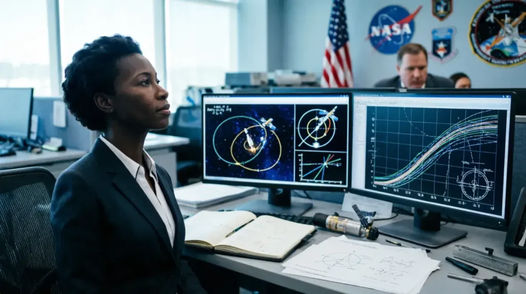 NASA aerospace engineering workspace with mathematical calculations and technical equipment