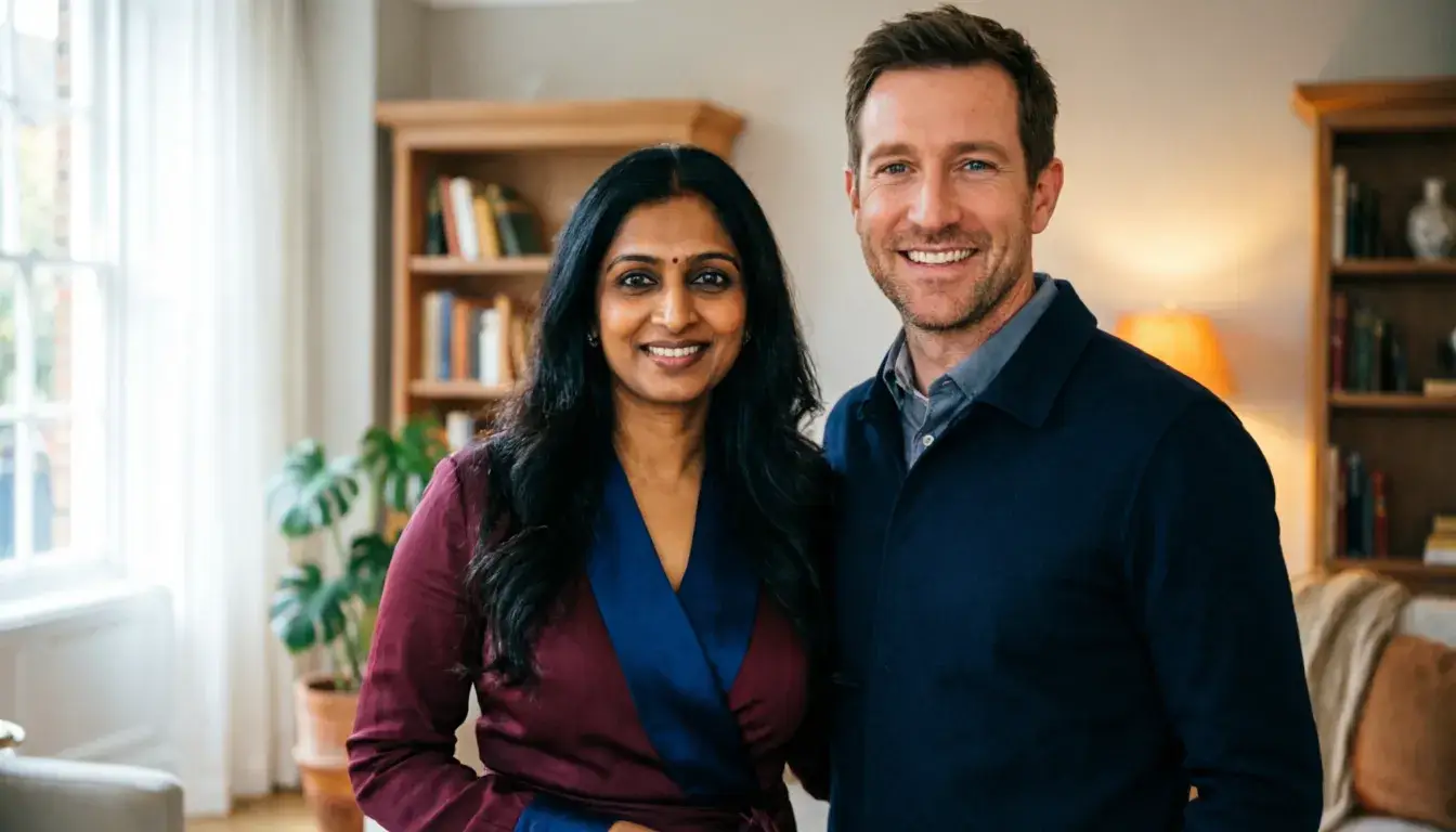 Neha Callis and James Callis — celebrity couple portrait representing their multicultural family life in London and Los Angeles