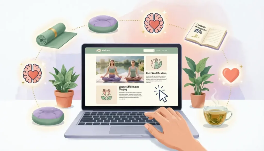 Wellness blog concept with laptop showing mindfulness and mental health content creation