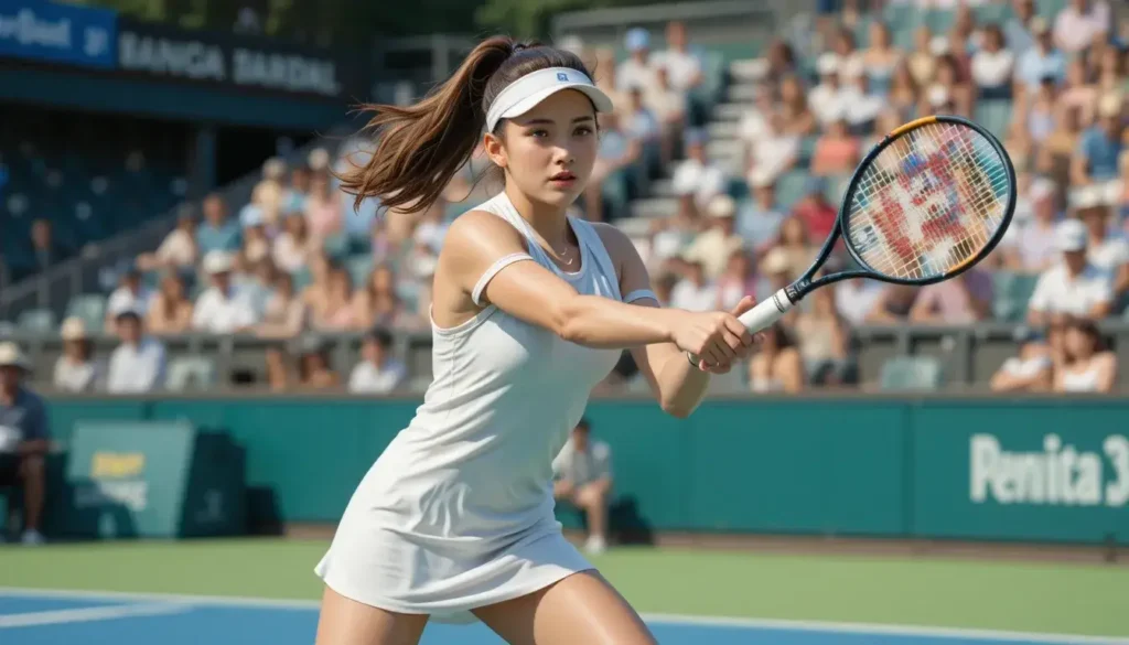 Young female tennis player competing in a high school tournament, representing Merri Kelly Hannity's athletic dedication