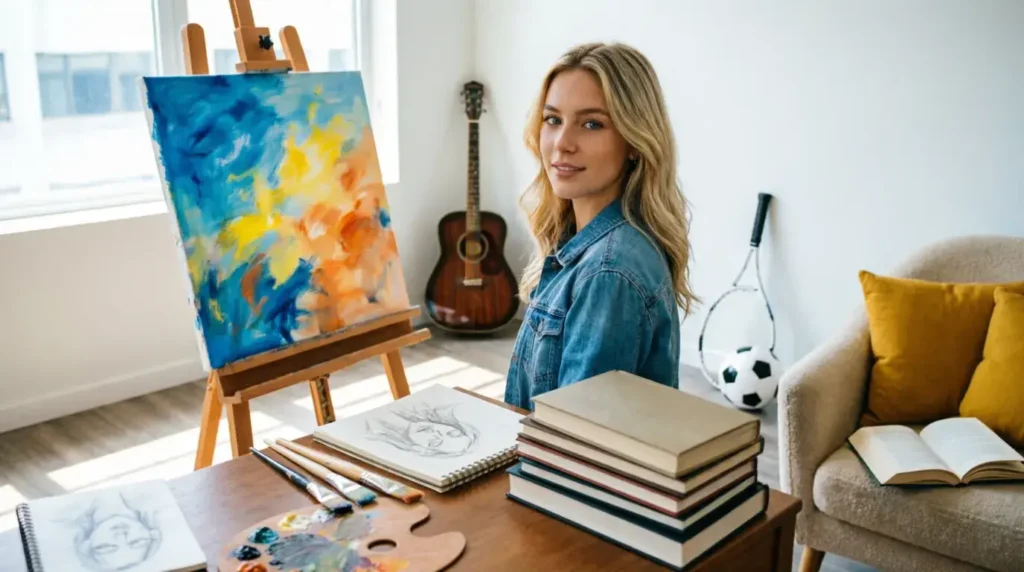Young woman artist painting creative hobbies art music sports interests lifestyle 2025
